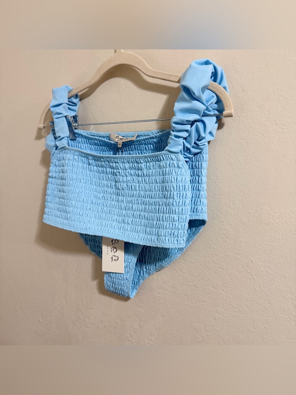 SEA New York Amabel Smocked Bikini Set NWT M Ice Blue Ruffle High Waist Luxury - Picture 4 of 14